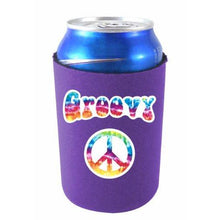 Load image into Gallery viewer, purple can koozie with "groovy" text and peace sign filled with tie dye design