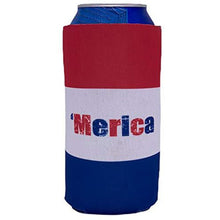 Load image into Gallery viewer, 16oz can koozie with &quot;&#39;Merica&quot; text and red white and blue stripe design
