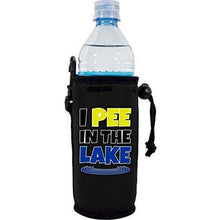 Load image into Gallery viewer, black water bottle koozie with “I pee in the lake” funny text design