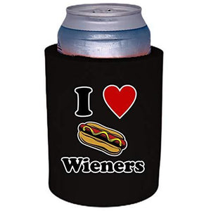black thick foam old school can koozie with "i (heart) wieners" funny text and hot dog graphic design