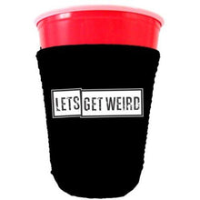 Load image into Gallery viewer, black party cup koozie with lets get weird design 
