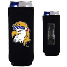 Load image into Gallery viewer, black magnetic slim can koozie with bald eagle with mullet hair funny design