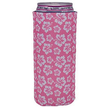 Load image into Gallery viewer, slim can koozie with hibiscus flowers in pink and white pattern design
