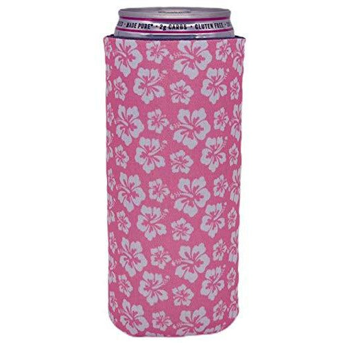 slim can koozie with hibiscus flowers in pink and white pattern design