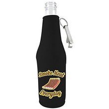 Load image into Gallery viewer, black zipper beer bottle koozie with opener and funny smoke meat everyday design