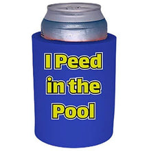 Load image into Gallery viewer, royal blue old school thick foam koozie with i peed in the pool design