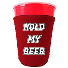 Load image into Gallery viewer, red party cup koozie with hold my beer design