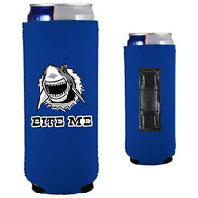 Load image into Gallery viewer, royal blue magnetic slim can koozie with shark graphic and &quot;bite me&quot; text
