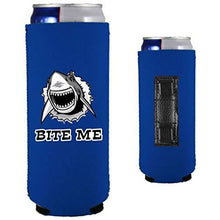 Load image into Gallery viewer, royal blue magnetic slim can koozie with shark graphic and "bite me" text