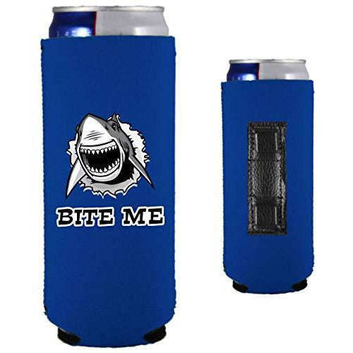 royal blue magnetic slim can koozie with shark graphic and 