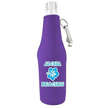 Load image into Gallery viewer, purple zipper beer bottle koozie with aloha beaches design