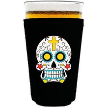 Load image into Gallery viewer, pint glass koozie with sugar skull design
