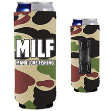 Load image into Gallery viewer, camo magnetic slim can koozie with MILF man i love fishing funny text design