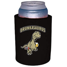 Load image into Gallery viewer, black old school thick foam koozie with drunkasaurus design