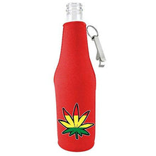 Load image into Gallery viewer, red beer bottle koozie with rasta leaf graphic design