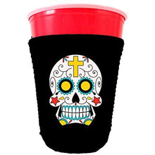 Load image into Gallery viewer, black party cup koozie with sugar skull design