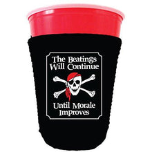 Load image into Gallery viewer, black party cup koozie with the beatings will continue until morale improves design