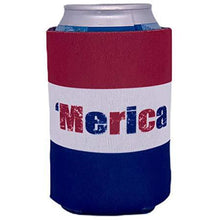 Load image into Gallery viewer, can koozie with full color red white and blue "merica" word and stripes background