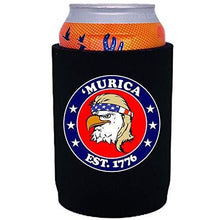 Load image into Gallery viewer, black thick neoprene can koozie with &quot;’Murica 1776&quot; logo and bald eagle mullet funny design
