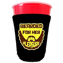 Load image into Gallery viewer, black party cup koozie with bearded for her pleasure design