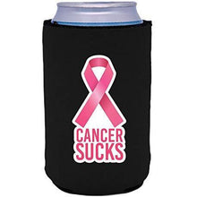 Load image into Gallery viewer, black can koozie with cancer sucks text and pink ribbon graphic