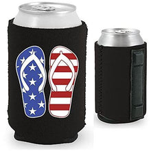 Load image into Gallery viewer, magnetic can koozie with stars and stripes flip flop design 
