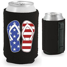 Load image into Gallery viewer, magnetic can koozie with stars and stripes flip flop design