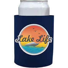 Load image into Gallery viewer, navy old school thick foam koozie with lake life design