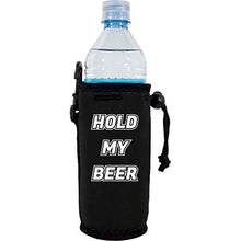 Load image into Gallery viewer, black  water bottle koozie with "hold my beer" funny text design