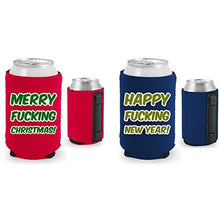 Load image into Gallery viewer, navy and red magnetic can koozies with merry fucking christmas and happy fucking new year text designs