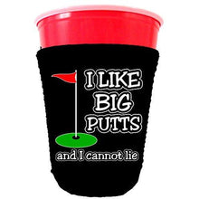 Load image into Gallery viewer, black party cup koozie with i like big putts and i cannot lie design
