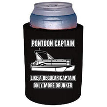 Load image into Gallery viewer, black thick foam old school koozie with "pontoon captain, like a regular captain only more drunker" funny text design