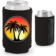 Load image into Gallery viewer, black magnetic can koozie with palm tree and sunset design