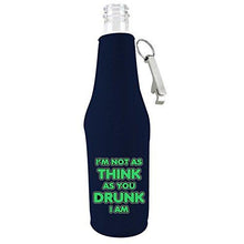Load image into Gallery viewer, navy blue beer bottle koozie with opener and &quot;i&#39;m not as think as you drunk i am&quot; funny text design
