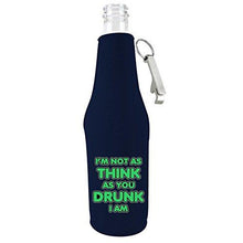 Load image into Gallery viewer, navy blue beer bottle koozie with opener and "i'm not as think as you drunk i am" funny text design