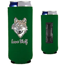 Load image into Gallery viewer, green magnetic slim can koozie with lone wolf design