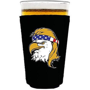 black pint glass koozie with bald eagle with mullet hair funny design