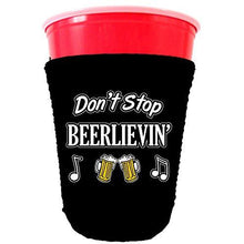 Load image into Gallery viewer, black party cup koozie with dont stop beerlievin design