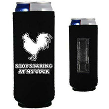 Load image into Gallery viewer, Black slim can koozie with stop staring at my cock design