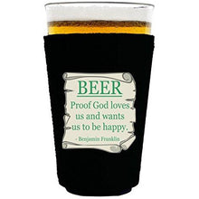 Load image into Gallery viewer, pint glass koozie with proof god loves us design