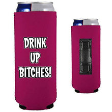 Load image into Gallery viewer, magenta magnetic slim can koozie with drink up bitches funny text design