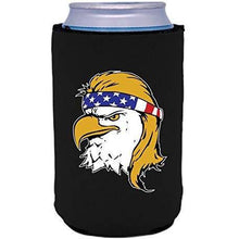 Load image into Gallery viewer, black can koozie with bald eagle with mullet hair funny design
