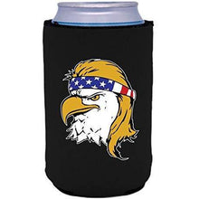 Load image into Gallery viewer, black can koozie with bald eagle with mullet hair funny design