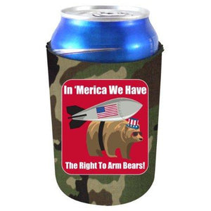 camo can koozie with "in merica we have the right to arm bears" text and funny patriotic bear armed with a missile design