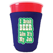 Load image into Gallery viewer, purple party cup koozie with i drink beer like its my job design