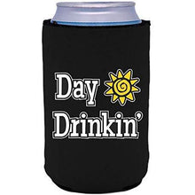Load image into Gallery viewer, black can koozie with “day drinkin” funny text design

