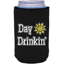 Load image into Gallery viewer, black can koozie with “day drinkin” funny text design