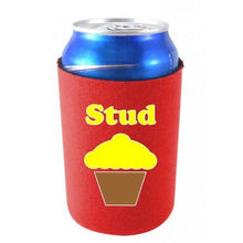 Load image into Gallery viewer, red can koozie with "stud" text and muffin illustration design
