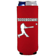 Load image into Gallery viewer, slim can koozie with touchdown design and baseball player hitting