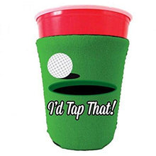 Load image into Gallery viewer, bright green party cup koozie with id tap that design